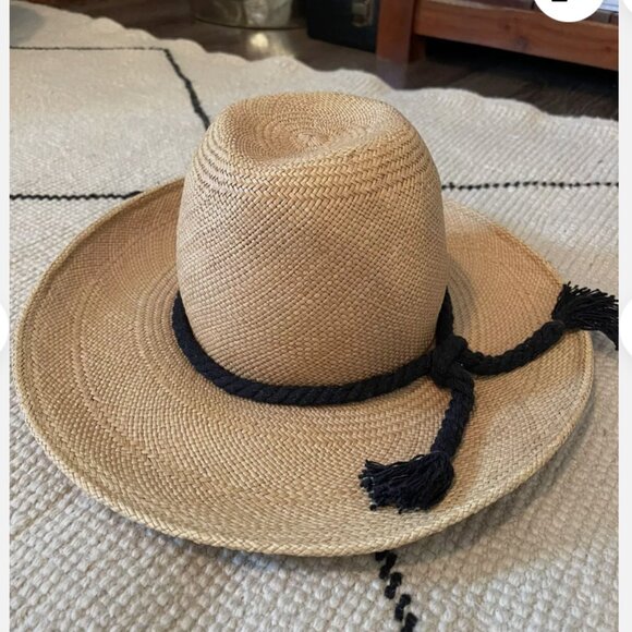 ALESSANDRA RIVERA STRAW HAT - NATURAL BLACK ROPE DETAIL CHIC DESIGNER - SMALL - Picture 1 of 9